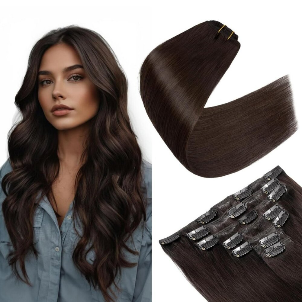 🤎Benehair 100% Remy Human Hair Clip-in Extensions ~ Black-Brown // NIB!